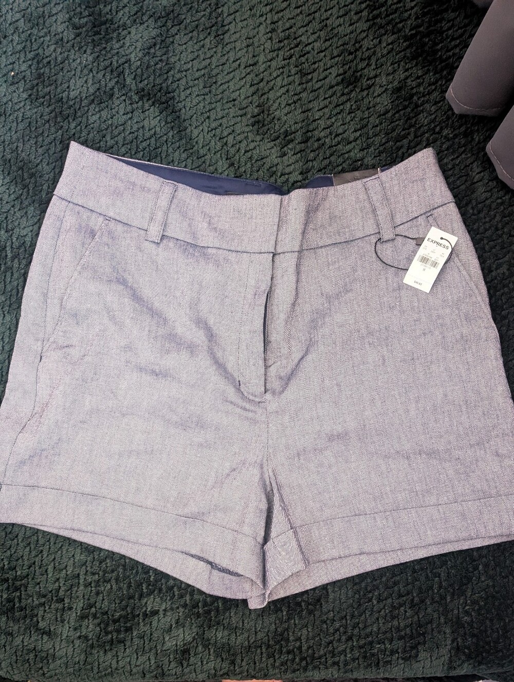 NWT Express Linen Blend Blue Denim Color Midi High Rise Shorts 14